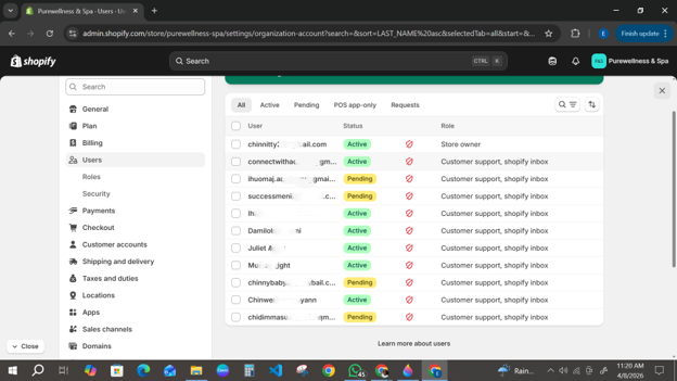 Shopify users list showing the trained Purewellness support team with customer support roles and active status, names blurred for privacy