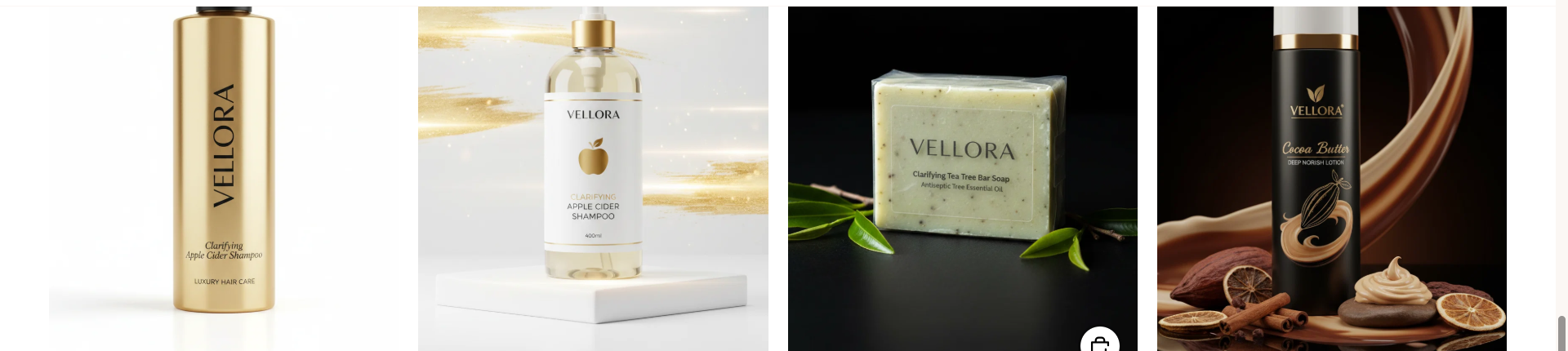Vellora Cosmetics product catalog showing shampoo, bar soap, and cocoa butter lotion listings