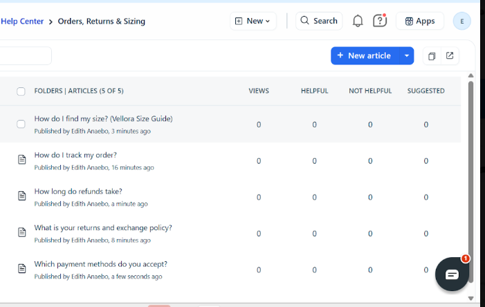 Customer facing knowledge base articles covering sizing, order tracking, refunds, returns and exchanges, and payment methods