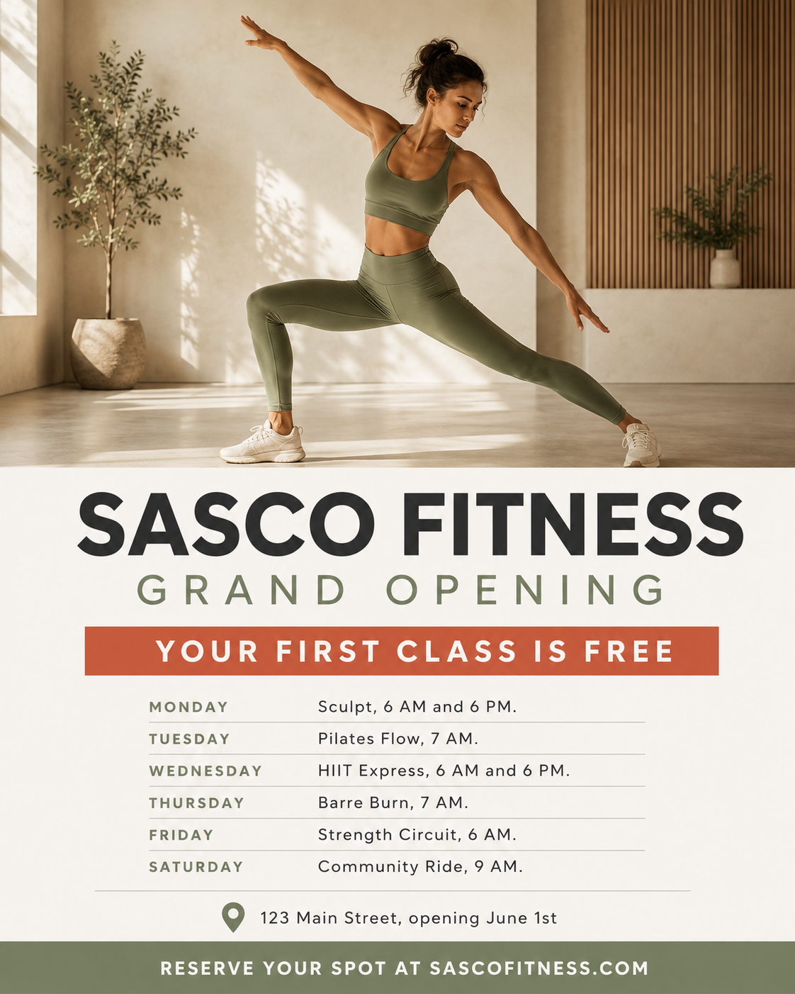 Sasco Fitness grand opening flyer with a weekly class schedule and a free first class offer