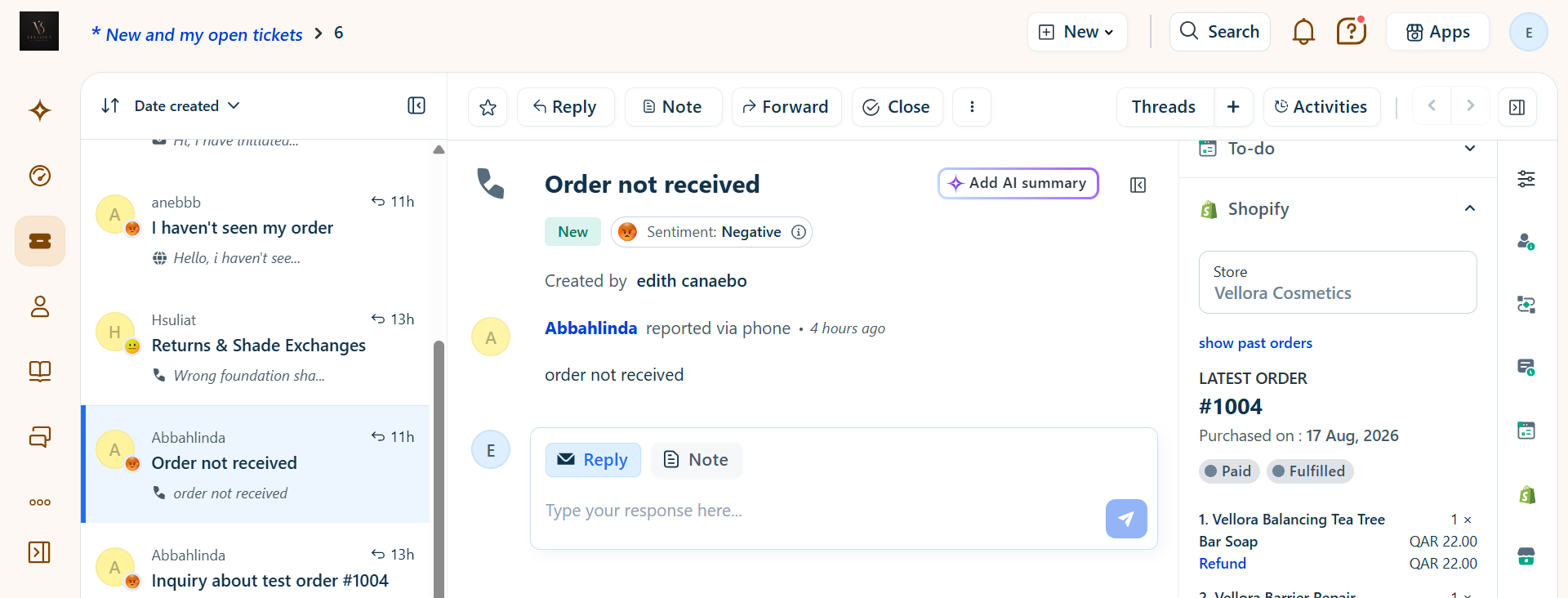 A Freshdesk 'Order not received' ticket with a Shopify sidebar pulling live order #1004 data, including paid and fulfilled status and line items