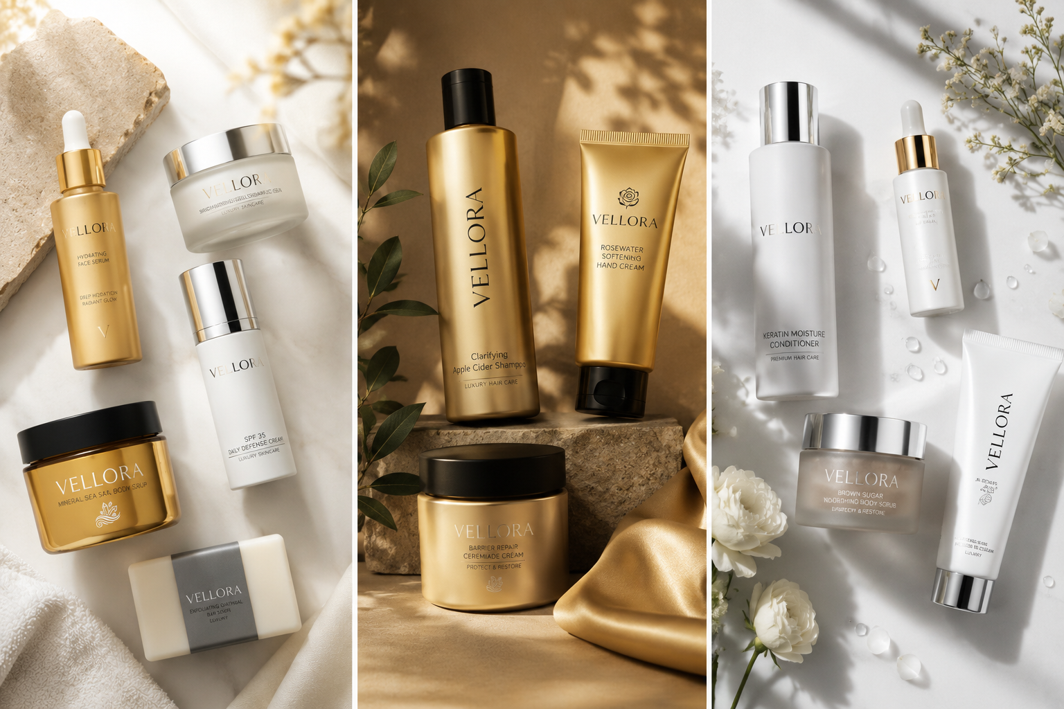 Three panel Vellora Cosmetics product flatlay showing serums, creams, shampoo and body scrub styled on marble and silk