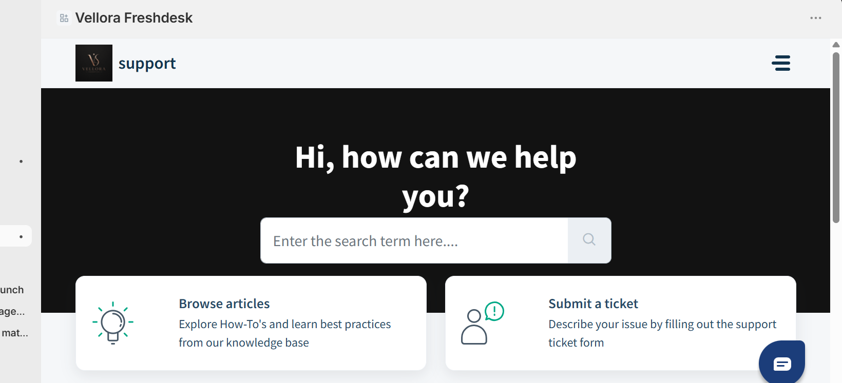 The custom Vellora Freshdesk app installed and running inside the Shopify admin, showing the support help center