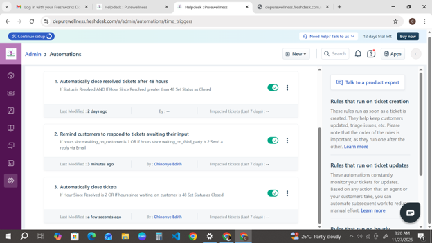 Freshdesk automation rules built by Edith, including auto-closing resolved tickets after 48 hours and reminders for tickets awaiting customer input