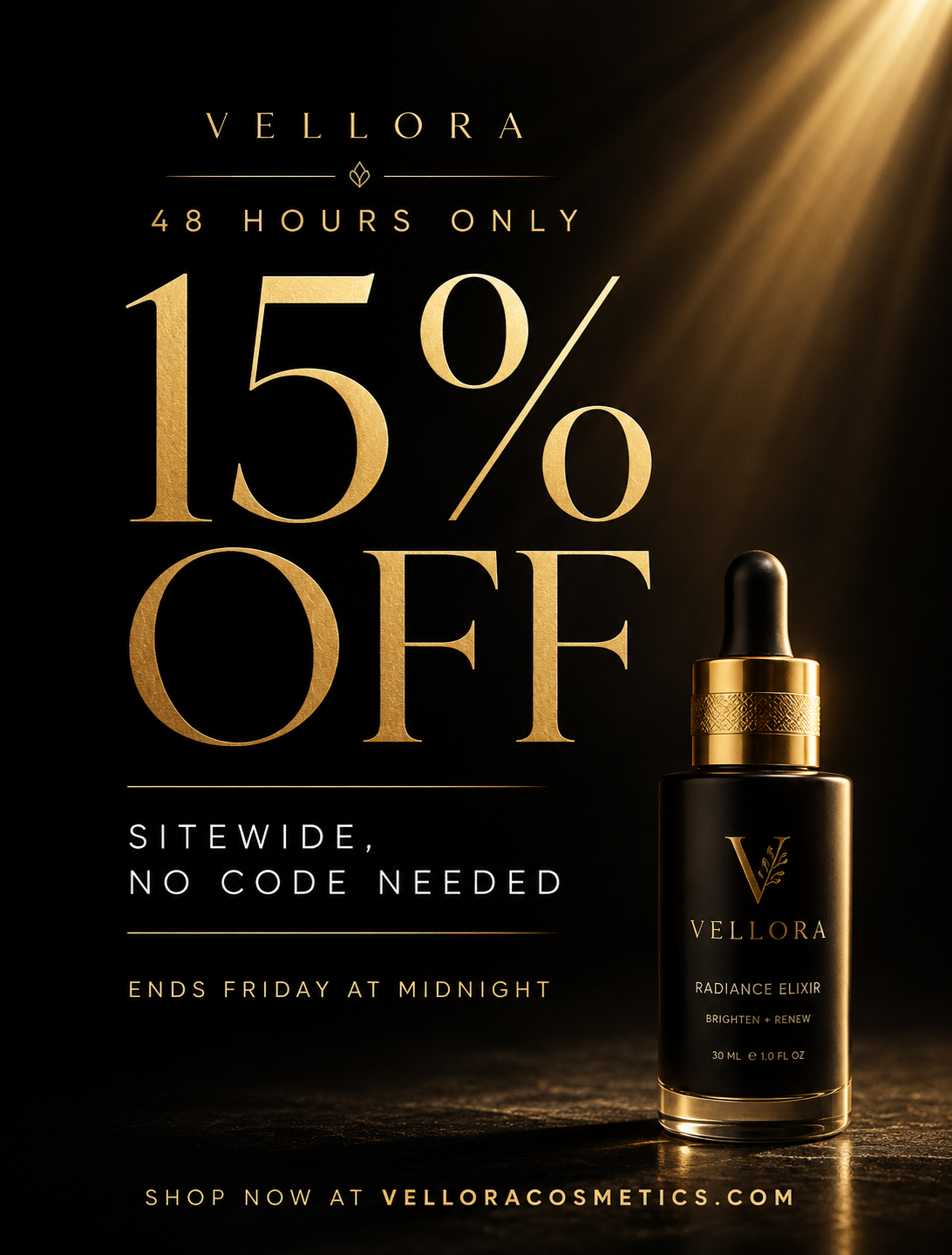 Vellora Cosmetics flash sale banner announcing 15% off sitewide for 48 hours, with a black and gold serum bottle