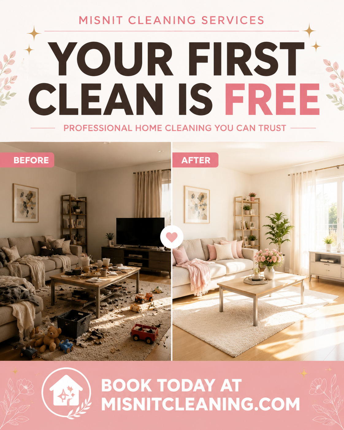 Misnit Cleaning Services flyer with a before and after living room comparison and a free first clean offer