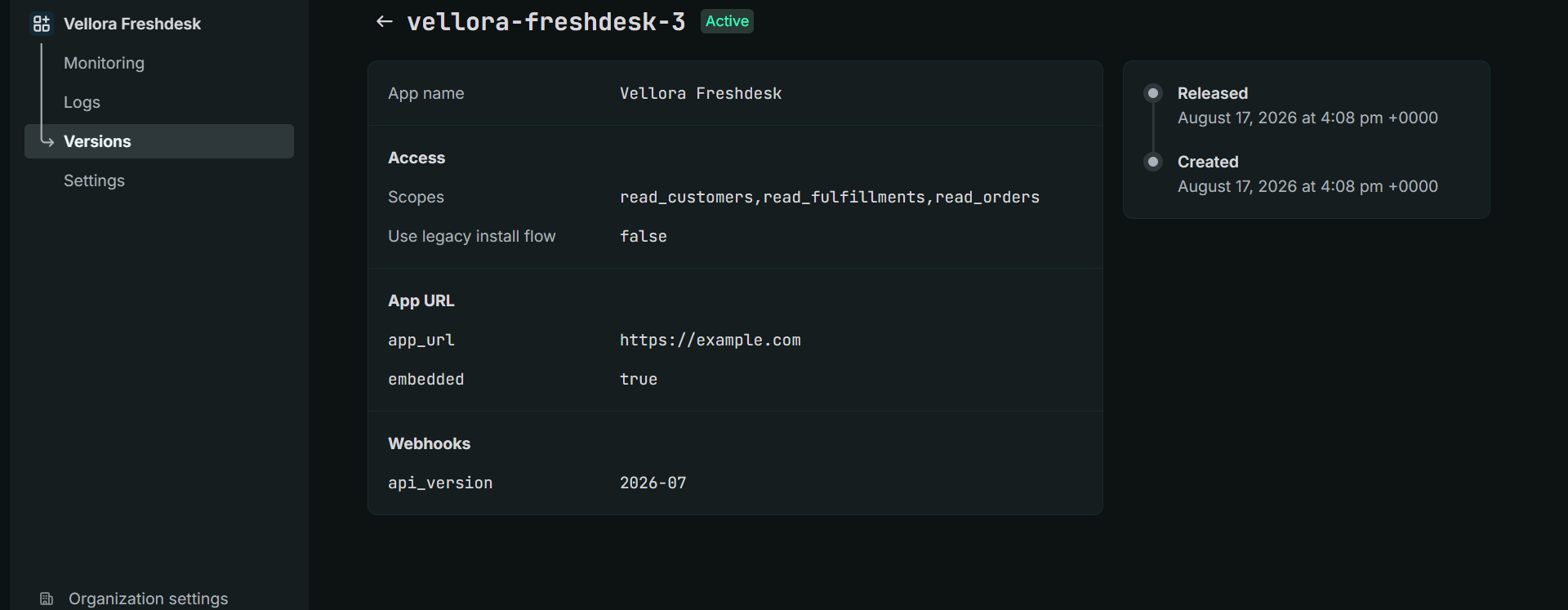Shopify Partner Dev Dashboard showing the custom Vellora Freshdesk app's active version and its read_customers, read_fulfillments, and read_orders scopes